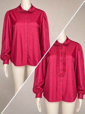 Vintage 70s/80s Lady Manhattan Convertible Ruffle Placket Pin Dot Blouse Size 18